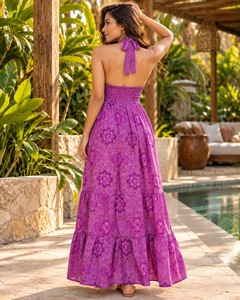 Purple Paisley Print Halter Maxi <b>Swimdress</b> Women Tiered Skirt Beach Poolside Dress 1 Piece Breathable Woven Chiffon Style - Product Image 5