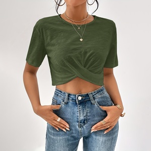 Women's Olive Green <b>Crop</b> <b>Top</b> Short <b>Sleeve</b> Crew Neck Knitted Asymmetric Casual T-Shirt Slim Fit Spring Summer Style - Product Image 1