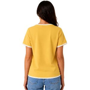 Camiseta de Mujer con Bordado Floral Amarillo, Ribete Blanco en Contraste, Cuello Redondo, Manga Corta, Estilo Casual, OEM, ODM, Ropa Personalizada - Product Image 2