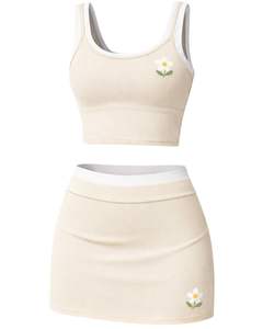 Conjunto de top corto beige y minifalda personalizado para mujer, conjunto deportivo sin mangas de dos piezas, para yoga, gimnasio, fitness, verano, informal. - Product Image 1