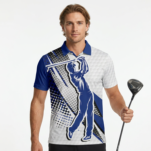 Polo de Manga Corta para Hombre, Estampado Azul y Blanco, Impresión Digital, Transpirable, Estilo Golf - Product Image 3