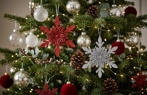 Adornos Navideños de Copos de Nieve Metálicos Brillantes Rojos y Plateados, Decoraciones Colgantes para Árbol de Navidad, Decoración Festiva - Product Image 6