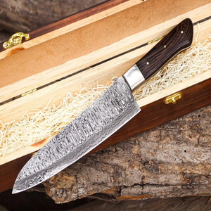 Couteau de chef à motif Damas argenté avec manche en bois brun foncé, couteau de cuisine tranchant avec boîte cadeau en bois pour la viande - Product Image 1
