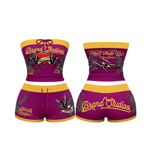 Ensemble 2 pièces short et haut sans bretelles pour femme, imprimé lettres, coupe ajustée décontractée, coton et polyester écologiques, style motard - Product Image 5