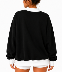 Sweat-shirt noir et blanc à col montant avec grand motif arqué blanc sur le devant, manches longues, bordure contrastante des poignets et du bas, personnalisation du logo - Product Image 4
