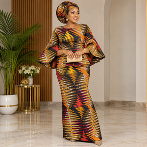 Brown Orange Premium African Wax <b>Print</b> Ankara Fabric with <b>Abstract</b> Feather Pattern for Women Dressmaking - Product Image 2