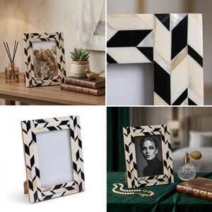 bone in lay premium Modern Rectangular Wooden <b>Photo</b> <b>Frame</b> Handmade <b>Black</b> White Geometric Design Vertical Tabletop Display - Product Image 1
