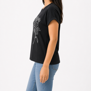 Camiseta de Mujer Negra con Lentejuelas y Logotipo, 100% Algodón Suave, Estampado Floral de Puntos y Líneas Artísticas, Manga Corta, Cuello Redondo, Estilo Casual - Product Image 2