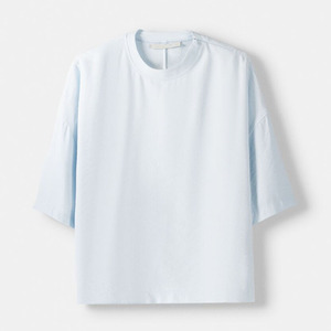 T-shirt court oversize pour homme, bleu clair, col rond, manches courtes, 100 % coton jersey, coupe décontractée, couleur unie, tricoté - Product Image 3