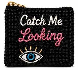 Pochette carrée noire perlée pour femme avec fermeture éclair, motif œil 'Catch Me Looking', porte-monnaie en perles de verre - Product Image 5