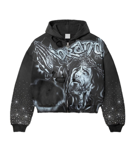 Sudadera con capucha gótica personalizada con cremallera y pedrería, premium, oversize, estilo dark art, streetwear, gráfico, de alto gramaje, marca privada, fabricante OEM - Product Image 2
