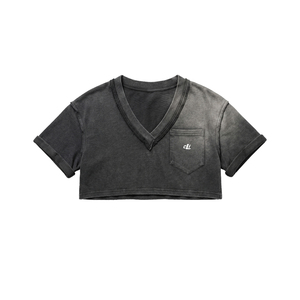 เสื้อผู้หญิงทรงหลวม คอวี แขนครึ่งตัว ผ้าฝ้าย 100% สไตล์วินเทจ ล้างสีแบบแอซิดวอช ดีไซน์แบบดรอปโชลเดอร์ ตัดเย็บตามสั่ง - Product Image 3