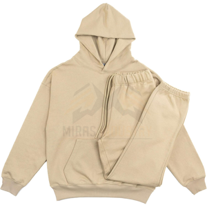 Ensemble de survêtement décontracté pour homme en coton 100 % écologique, beige uni, à capuche, léger, avec cordon de serrage, pull à manches longues - Product Image 1