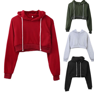 Wholesale <b>Women</b> Cropped <b>Hoodie</b> Long Sleeve Solid Color Pullover Drawstring Hooded Sweatshirt Casual Breathable Autumn Wear - Product Image 1