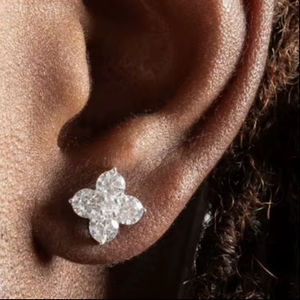 Men's Hip Hop Rose Gold Plated Stud Earrings with Flower Design and 925 Sterling <b>Silver</b> Unisex - Product Image 1