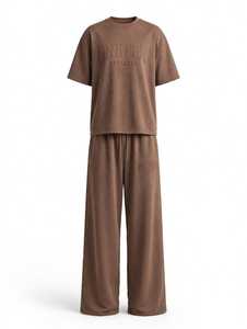 Ensemble de survêtement unisexe ONETEN en coton marron, col rond, manches courtes, coupe ample, longueur intégrale, avec logo, pour l'automne, tenue décontractée - Product Image 2