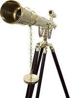 Télescope principal d'ancre à double baril de finition en laiton brillant de conception nautique avec support de trépied en bois marron réglable