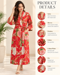 Robe Kimono en Coton Rouge à Motifs Floraux - Peignoir Long Imprimé à la Main - Vêtement de Nuit Bohème à Col en V - Kaftan Longue Épaisseur - Product Image 3