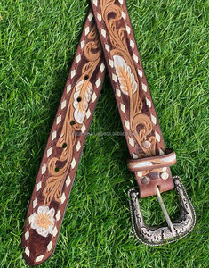 Best Selling Beautifully Hand Tooled Leather Flowers & Feather Buck Stitch <b>Belt</b> Western Genuine Leather <b>Belt</b> for Men and Women - Product Image 2