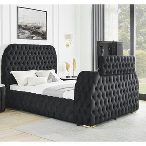 Tête de lit capitonnée en velours noir, design innovant, avec élévateur de télévision intégré, <span class=keywords><strong>confort</strong></span> luxueux, 1 pièce, pour lit King Size - Product Image 1