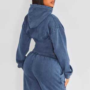 Wholesale Two Piece Crop Top Hoodie and <b>Sweatpants</b> <b>Set</b> for Women Custom Fleece Oversized Pullover Cropped - Product Image 2