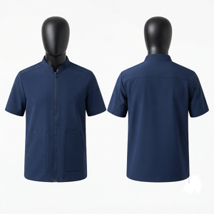 Chaqueta de Barbero Premium de Poliéster Elástico de 180 GSM, Azul Marino, Manga Corta, con Relieve, Transpirable, Unisex, OEM, ODM - Product Image 1