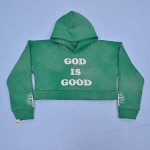 เสื้อฮู้ดครอปสีเขียวคุณภาพสูงสำหรับผู้หญิง พิมพ์ลายตัวอักษร God Is Good ด้านหน้า สไตล์ลำลอง แขนยาว ผ้าถัก 100% คอตตอน สำหรับฤดูหนาว - Product Image 3