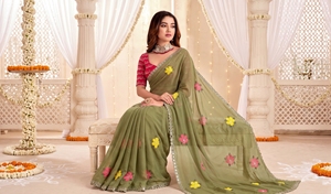 AARA Fashion Green Embroidered Silk <b>Saree</b> Pink <b>Yellow</b> Floral Design Sun Protection Wedding Women Traditional Indian Sari Floor - Product Image 4