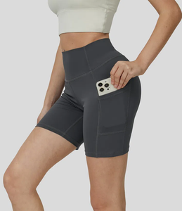 Shorts de sport gris taille haute pour femme avec poches, taille élastique, respirants, pour le cyclisme - Product Image 3