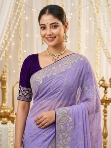 <b>Purple</b> Silk <b>Saree</b> With Silver Embroidery Traditional Wedding Wear For Women Floor Length Regular Fit Wrinkle Free - Product Image 6
