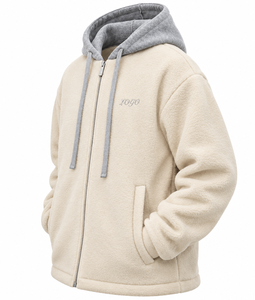Unisex Color Block <b>Sherpa</b> Fleece Waterproof Eco-Friendly Zip-Up <b>Hoodie</b> Grey Contrast Hood Drawstrings Embroidered Logo Winter - Product Image 5