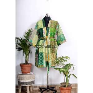 Kimono pour femmes, design japonais, 100% coton, léger, col en V, fermeture à cordon, manches longues, imprimé floral, poches Kantha - Product Image 2