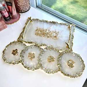 Handmade Tray & <b>Coaster</b> Set Resin <b>Agate</b> Tray Glass Rim Luxury Modern Dining Table Accent Coffee Table Serving Set - Product Image 1