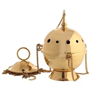 Brass Incense <b>Burner</b> Gold Finish Religious Use With Chain And Cross Top Durable Design <b>For</b> All Season Use - Product Image 3