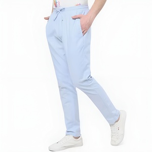 Pantalon décontracté pour homme, bleu clair, taille élastique, coupe droite, respirant, en polyester, pour l'été, avec poches latérales - Product Image 2