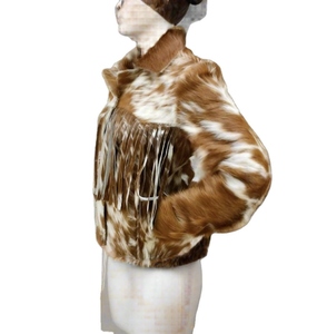 Veste en fausse fourrure à imprimé animal, col rabattu, manches longues, longueur courte, hiver, décoration à franges épaisses, style Prairie Chic - Product Image 3