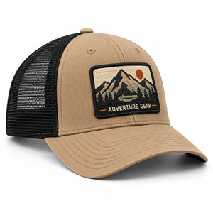 Casquette de camionneur personnalisée avec patch brodé, en toile et maille, 6 panneaux, réglable, couleur Tan et Noir, pour performance, extérieur, décontractée, sport et usage quotidien - Product Image 1