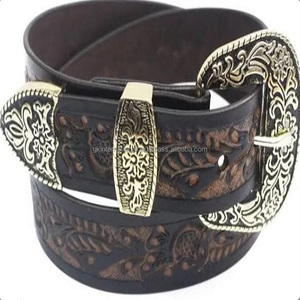 Hand <b>Tooled</b> Carving Genuine Leather <b>Belt</b> with Heavy Floral Carved Western Buckle Set Premium Brown Western Leather <b>Tooling</b> <b>Belt</b> - Product Image 1