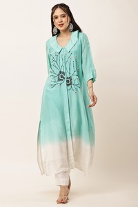 Elegante conjunto de kurta tejida para mujer, estilo ombre, para fiesta, kurta y pantalón de noche con cuentas, corte Dana y adornos de perlas. - Product Image 6