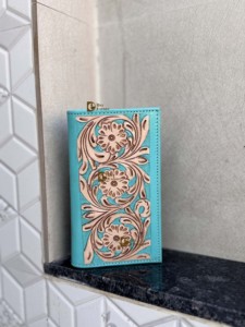 Hottest Arrival Genuine Leather Men's Long Wallet Hand Tooled Carving Fashion Stylish Turquoise <b>Colour</b> Cash <b>Card</b> Holder Unisex - Product Image 4