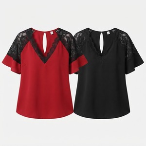 Blusa de Chifón con Cuello en V para Mujer, Tallas Grandes, Elegante, con Encaje, Manga Corta, Estilo Casual, Venta al Por Mayor - Product Image 4