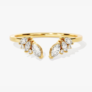 <b>Open</b> Leaf Lab Grown Diamond Wedding Band 14K Yellow Gold Rhodium Plated Marquise Cluster <b>Ring</b> Minimal Curved Bridal Gift Her - Product Image 1