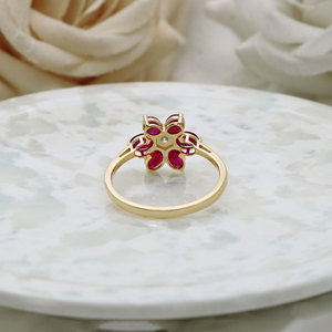 Bague en or jaune 14 carats avec rubis ovales et diamants, motif floral en étoile, bagues fines en pierres précieuses pour femmes, cadeau, mariage, fête, vente en gros - Product Image 2