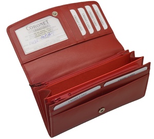 Fashion Standard Size Red <b>Long</b> Genuine Leather Women's <b>Wallet</b> Button Closure RFID Protection Polyester Lining Large Capacity - Product Image 5