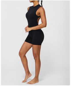 2026 Backless Racerback Yoga Bodysuit High Waist Shorts Solid Black Seamless Four-Way Stretch Scoop Neck Sleeveless - Product Image 2