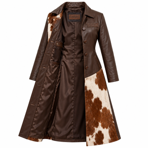 Abrigo Largo de Cuero Marrón con Parches de Piel de Vaca para Mujer, Chaqueta con Botones, Proveedor Personalizado OEM ODM - Product Image 5