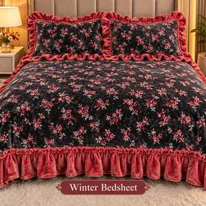 Luxury Winter Bedsheet Set <b>King</b> <b>Size</b> with 2 <b>Pillow</b> Covers Soft Plush Fleece Floral Printed Bedding Ruffled Frill Border Warm - Product Image 5