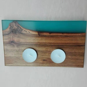 Portavelas de Resina Epoxi Azul Natural y Madera de Olivo para Bodas, Cenas, Meditación, Regalos de Cumpleaños, Craftera Exports - Product Image 1