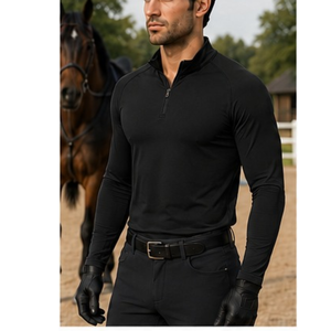 Chemise d'équitation pour homme à manches longues, imprimée, noire, avec fermeture éclair sur le devant, tricotée, performante, style décontracté chic - Product Image 3