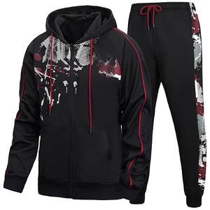 Conjunto Deportivo Urbano para Hombre con Sudadera con Estampado de Grafiti y Pantalones Jogger, Negro y Borgoña, Informal, Transpirable - Product Image 1